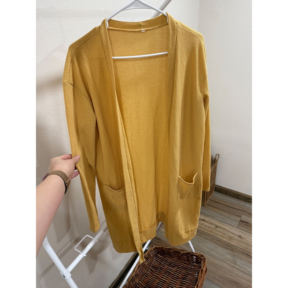 Mustard Yellow Waffle Knit Open Cardigan Sweater Pockets Women's L‎